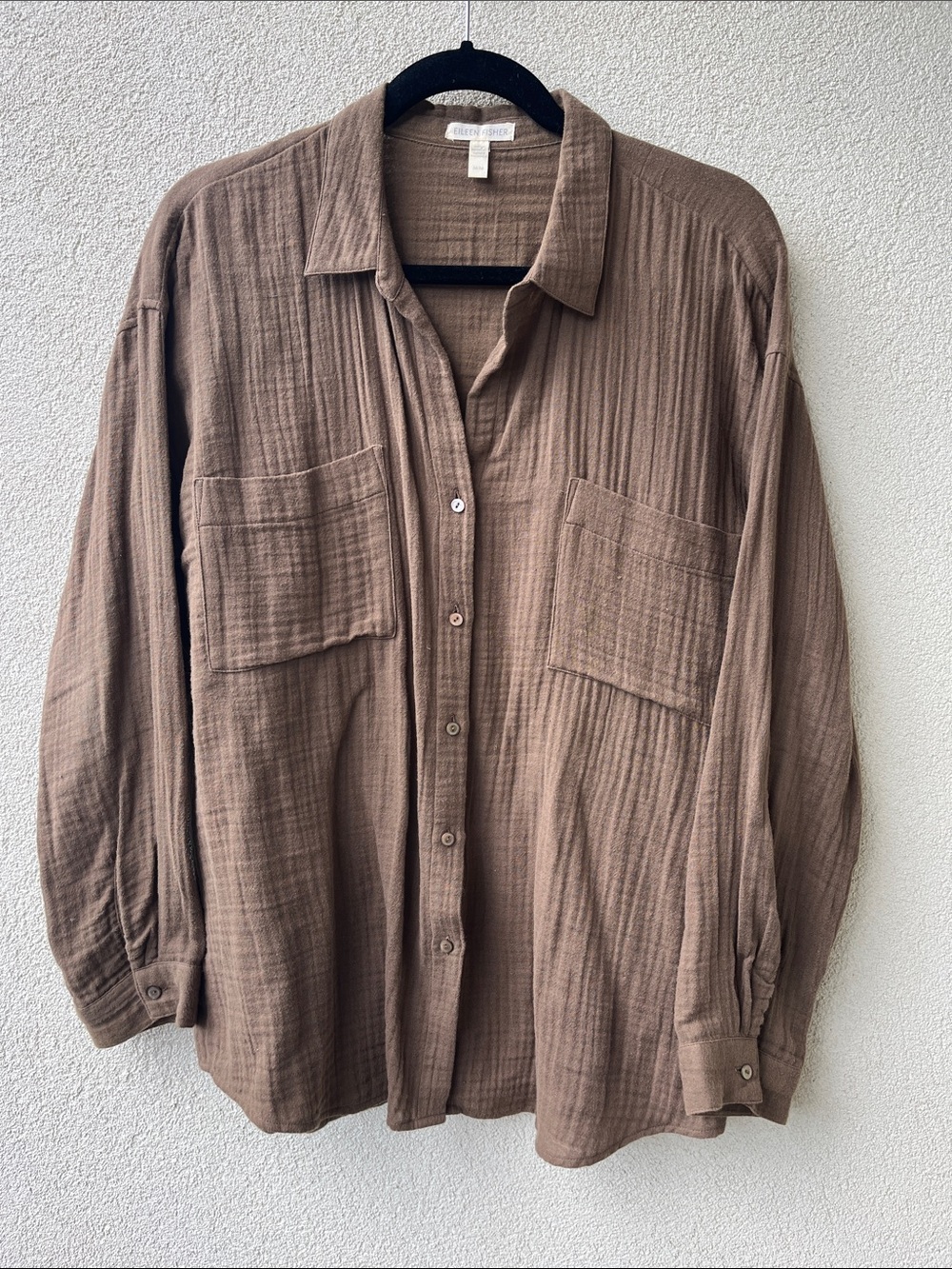 Eileen Fisher Chocolate Brown Double Gauze Organic Cotton Button Up Shirt